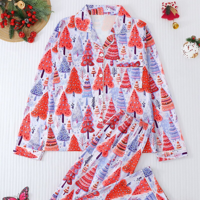 Cross-border Christmas-themed printed lapel long-sleeve long-pants European and American home set women's pajamas Cross-border Christmas-themed printed lapel long-sleeve long-pants European and American home set women's pajamas