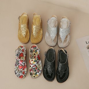 Summer New Thick-Soled Wedge Flip-Flop Women's Sandals with Buckle, Casual Sequin Retro Large-Size Sandals for Foreign Trade