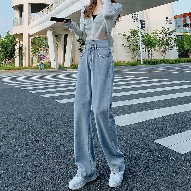 Straight Leg Jeans Women's Autumn and Winter Loose Super High Waist Double Buckle vibe Style Wide Leg Trendy Pants