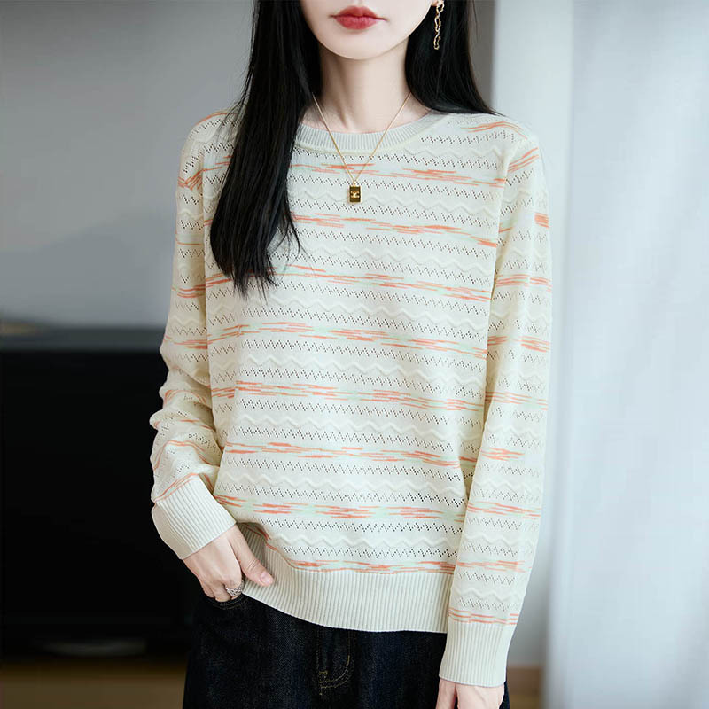 Rainbow Striped Crew Neck Knit Sweater for Women, Spring and Autumn Long-Sleeve Hollow-Out Base Shirt, Versatile Loose Casual Sweater