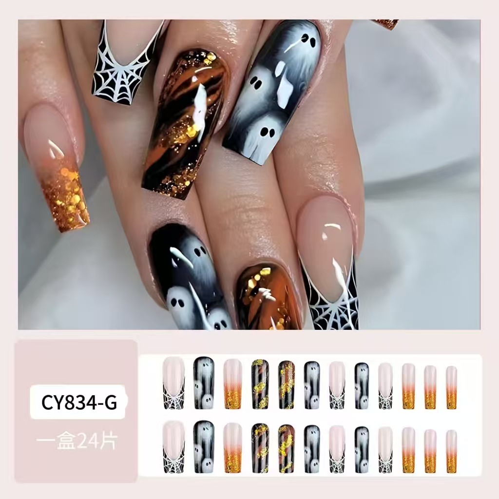 Telaraña de araña gradiente manicura, chicas calientes, polvo brillante, uñas falsas, productos al por mayor, fantasmas de Halloween, extraños, uñas
