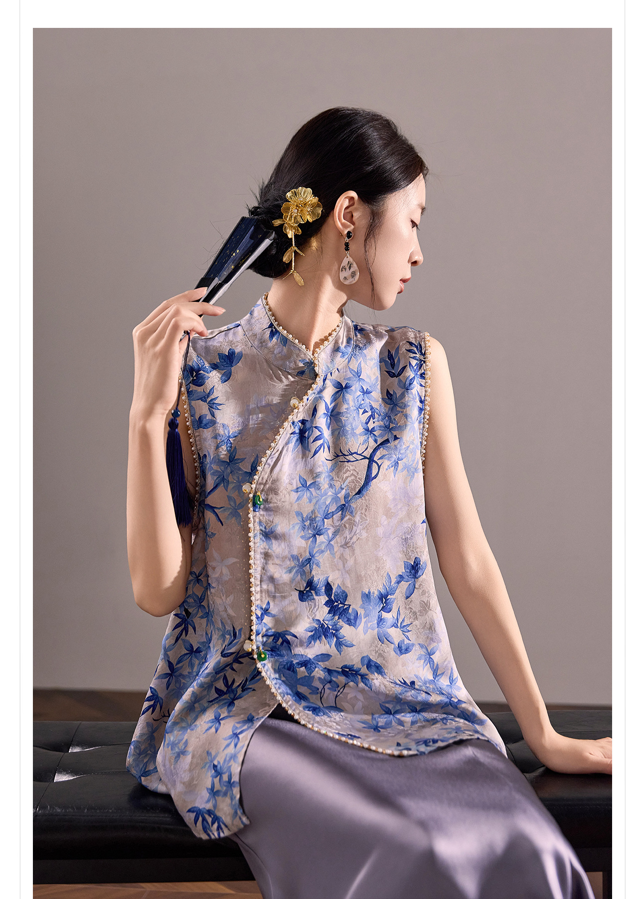 Áo vest gile nữ cổ đứng không tay phong cách cổ điển Trung Hoa, đính chuỗi hạt, mùa hè M8035 — màu xanh chi tiết 4