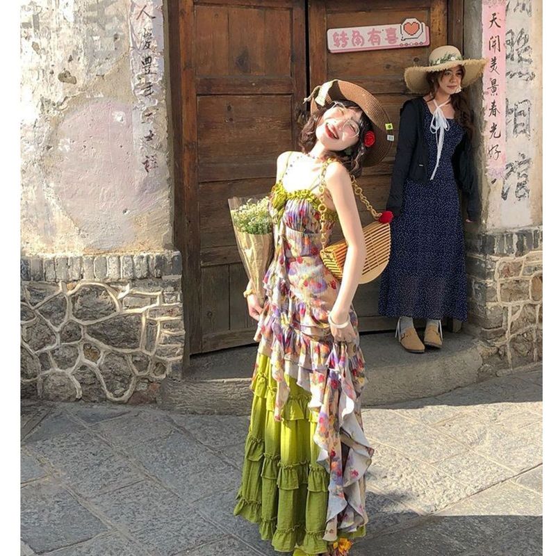 绿野玫瑰岛 度假风复古油画感露背碎花吊带裙+半裙+开衫三件套女|undefined