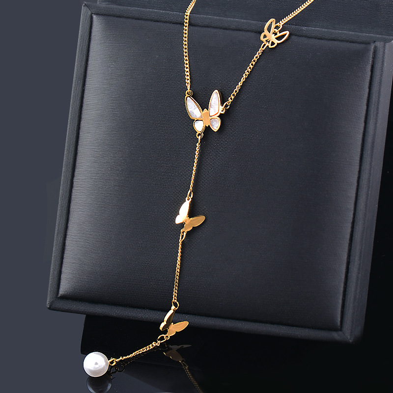 Fashion Butterfly Titanium Steel Inlay Shell Pendant Necklace 1 Piece 1 Pair