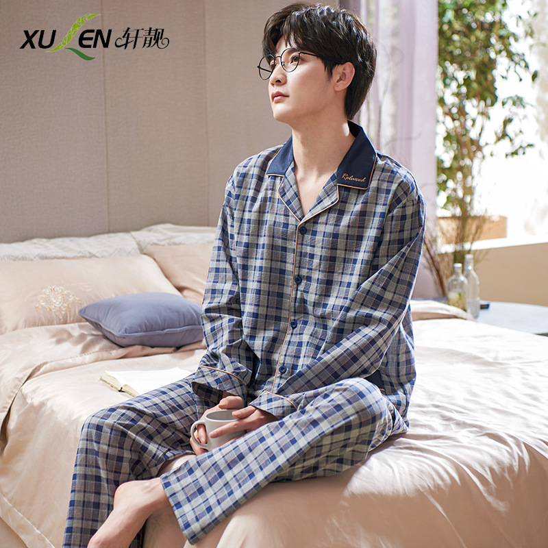 Nuevos pijamas de los hombres de primavera y otoño Delgado 100% algodón cardigan de manga larga a cuadros de los hombres de desgaste del hogar traje de dos piezas