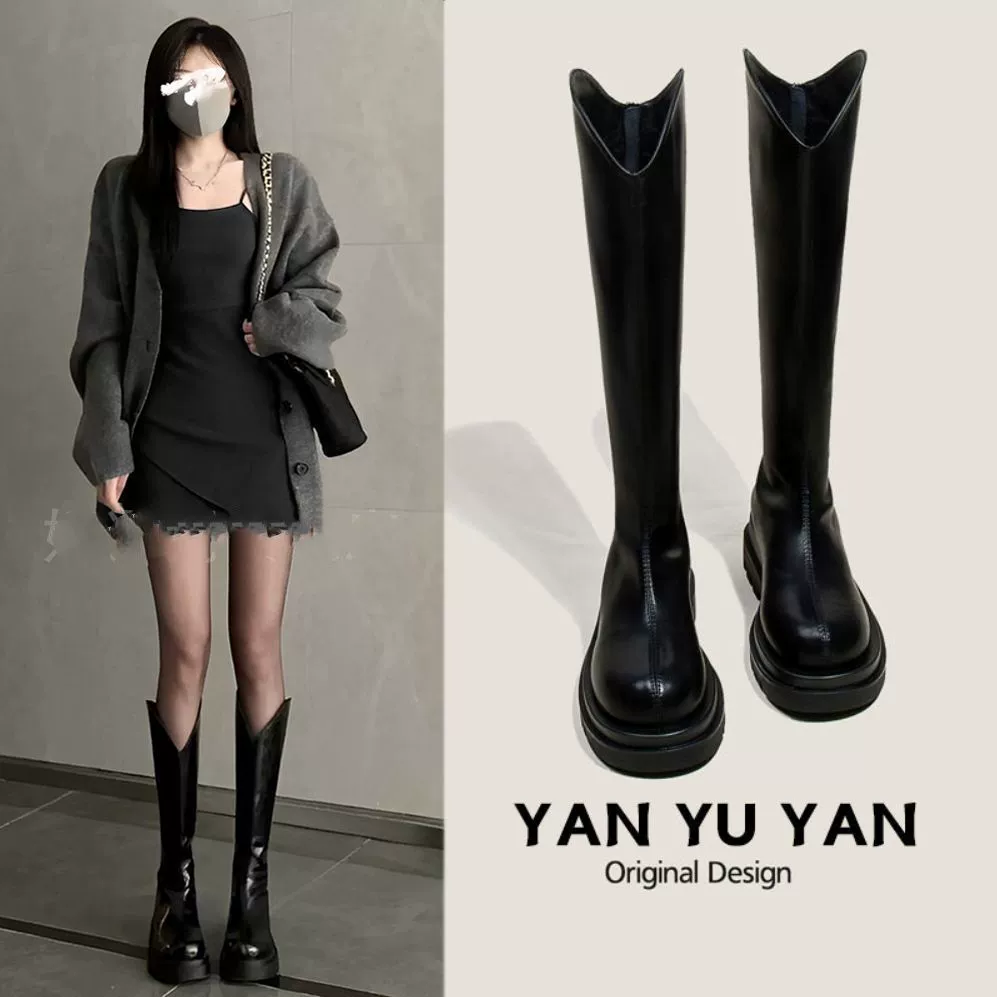Высокие сапоги женские рыцарские сапоги 2024, новые эластичные узкие сапоги, высокие сапоги на толстой подошве для маленьких людей, сапоги до колена большего размера