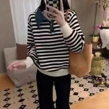 2025新款跨境针织条纹翻领毛衣韩版慵懒风软糯撞色时尚百搭设计感