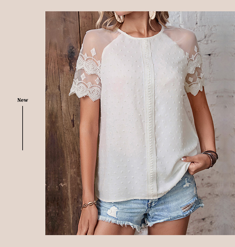 Kurzärmliges, durchsichtiges Design-Hemd mit Spitzenspleißung_voghion.com