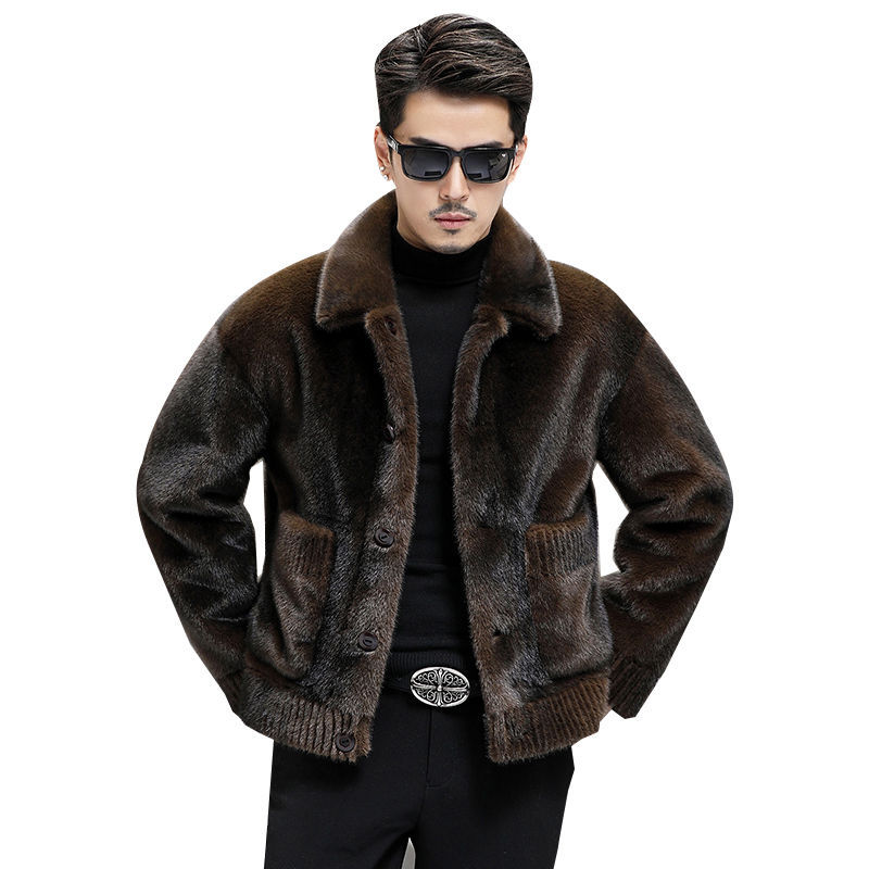 Winter Men's Fur Velvet Jacket Mink Fur Coat Short Lapel Collar