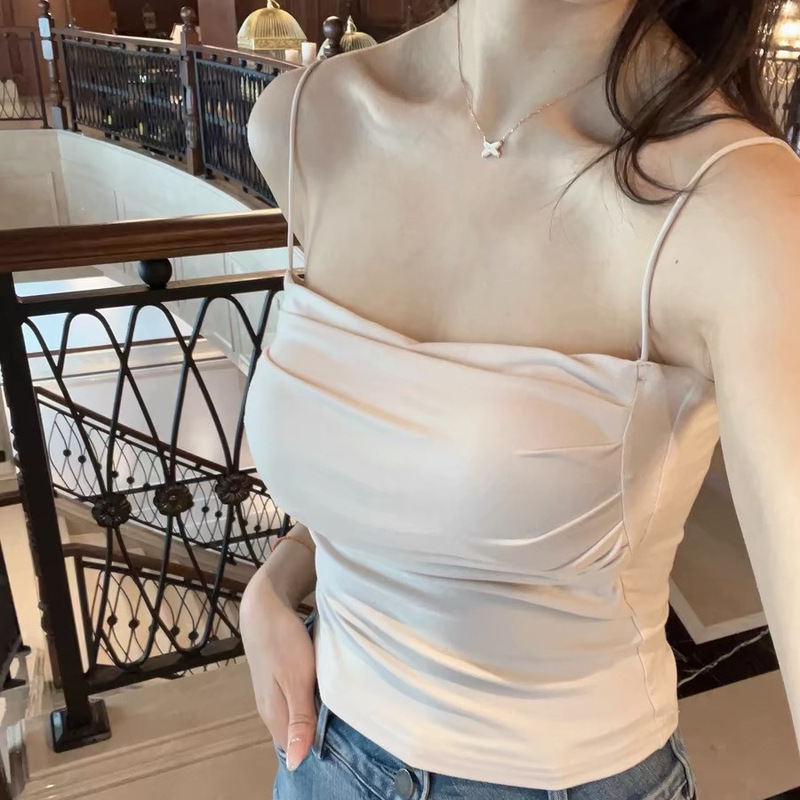 White Modal Breast Pad Sling Women's Short One-Line Collar Pleated Knitted Inner Vest Top