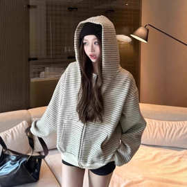 条纹连帽拉链卫衣外套秋季小众设计百宽松显瘦上衣