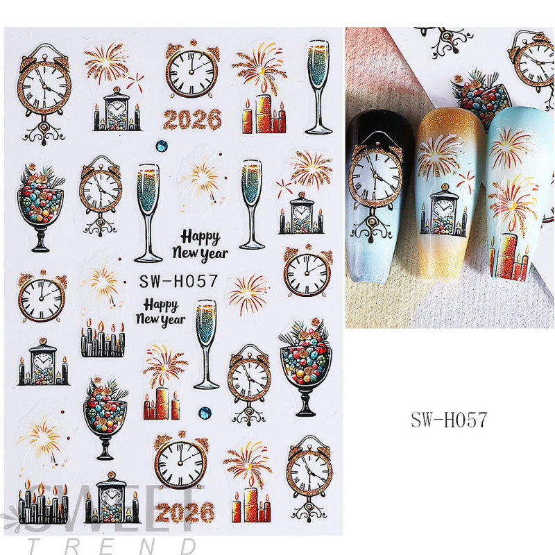 跨境圣诞节美甲贴纸 新年带闪粉牛灯球烟花时钟2026新年美甲贴片|undefined