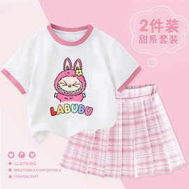 纯棉卡通印花上衣百褶格子半身裙套装两件套洋气中大童女童T恤潮