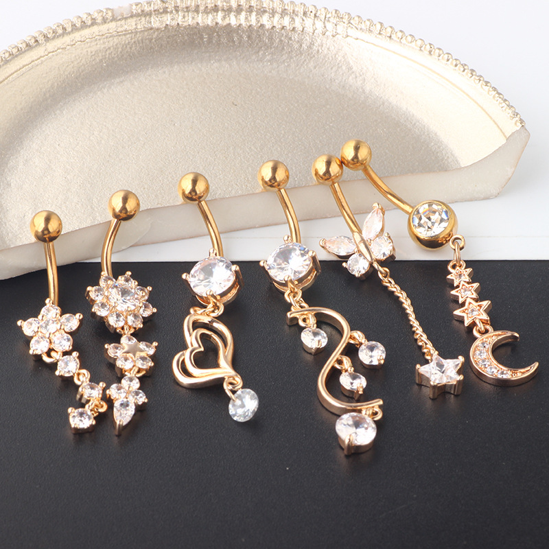 Rose Gold Zircon Belly Button Ring Set - 6 Piece Body Piercing Jewelry Suit detail image 7