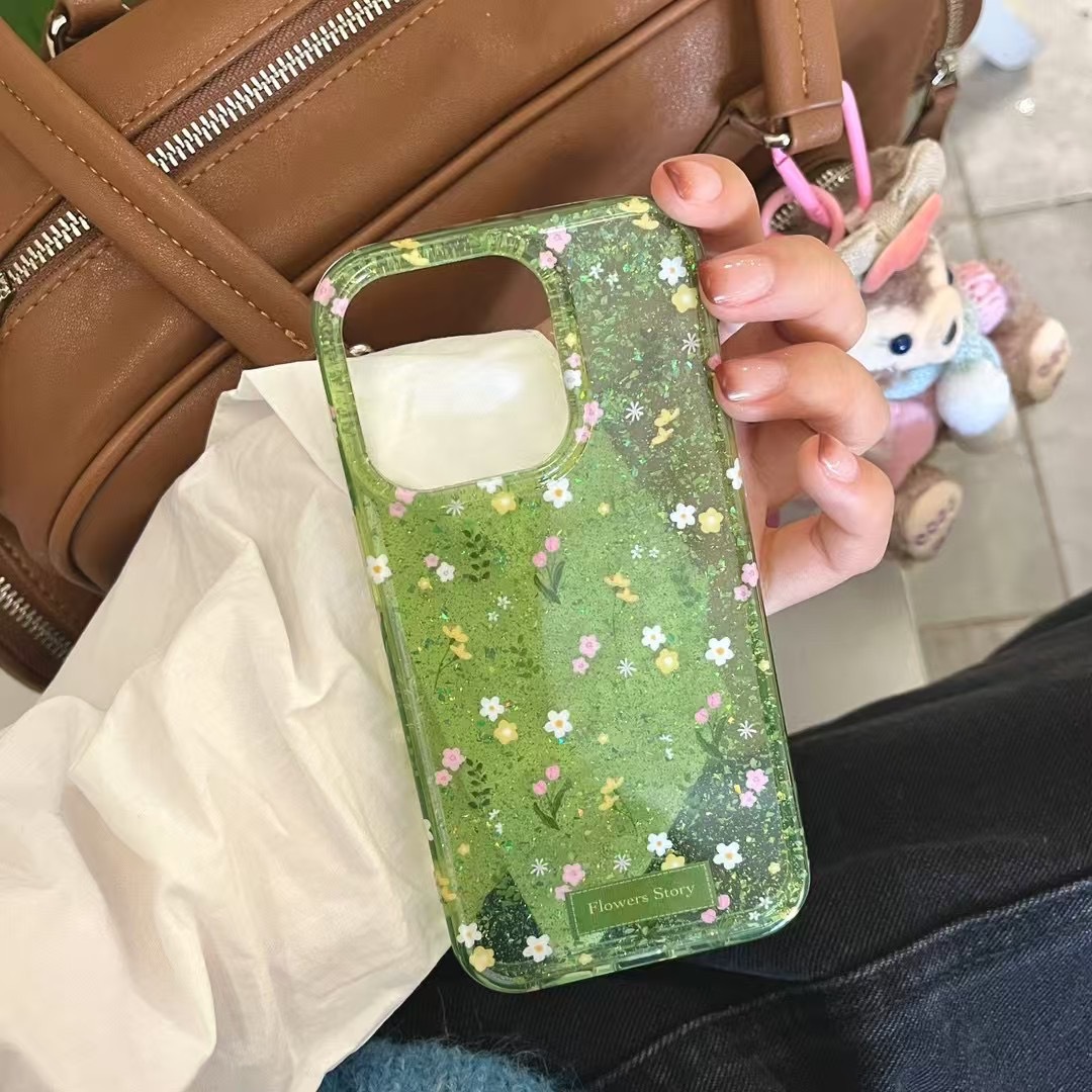 Pequeño brillo fresco verde floral para iPhone14 Apple 16ProMax funda para teléfono móvil 15 femenino 13 nuevo 16