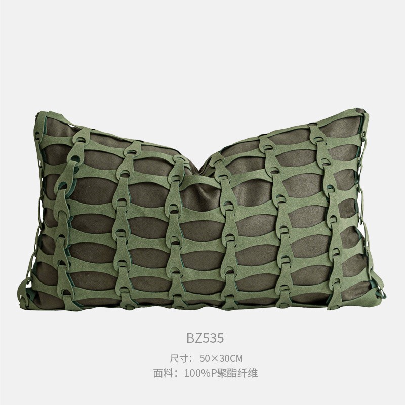 绿色系皮质手工拼接编织抱枕腰枕现代轻奢样板间沙发靠枕套组合|undefined
