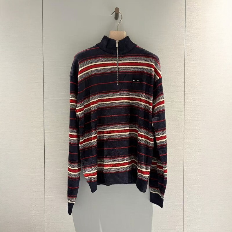 Nanyou High-End Miu26 Early Spring New Style Stand Collar Half-Zip Striped Long Sleeve Knitted Sweater for Women, Slimming and Versatile Top