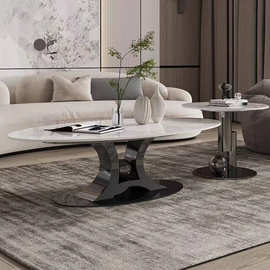 意式岩板茶几简约椭圆不锈钢现代轻奢客厅家用网红边几组合小户型