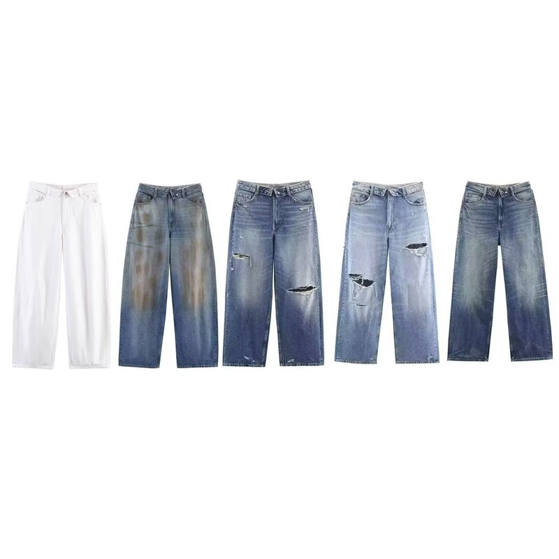 Pb&Za Women's 2025 Winter New Retro Loose Ripped Mid-Waist Folded Waist Jeans 4730214