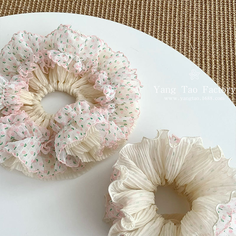 Hilo de burbuja floral plisado de doble capa encaje intestino grueso lazo para el cabello femenino con cola de caballo baja banda de goma Albóndigas Cuerda para el cabello Accesorios para el cabello