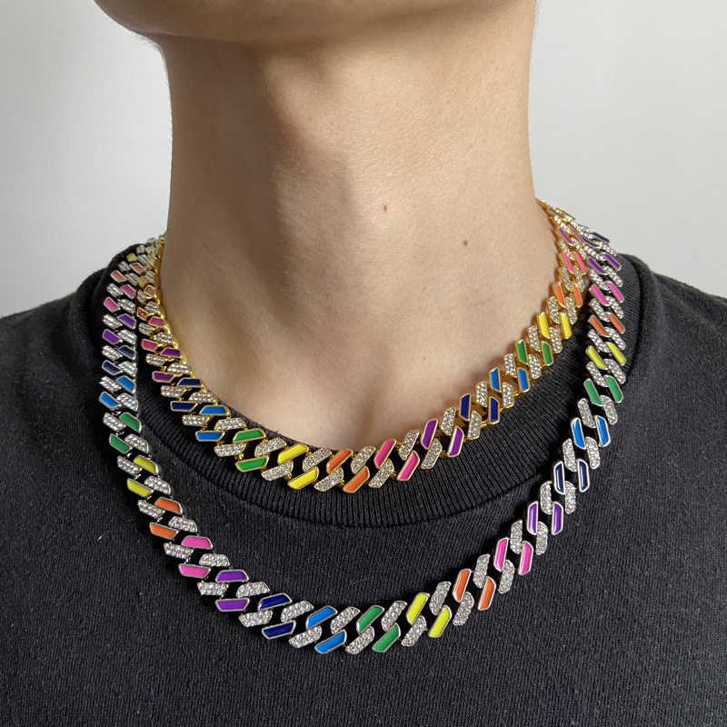 European And American Cuban Necklace 12mm Diamond-shaped Colorful Rainbow Bracelet display picture 2