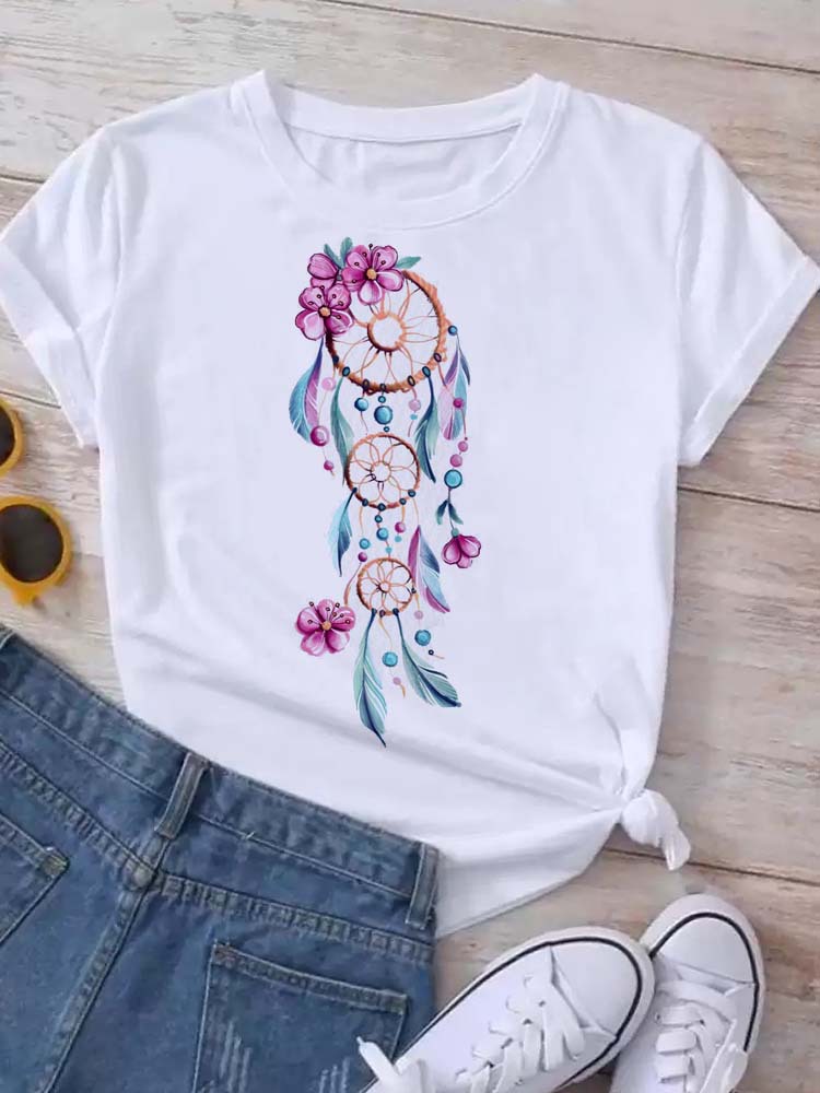 Round Neck Neckline Comfort Function Loose Version Heart Shape, Flower Pattern Wholesale Women'S Casual Heart Shape Flower Short Sleeve Printing T-Shirts