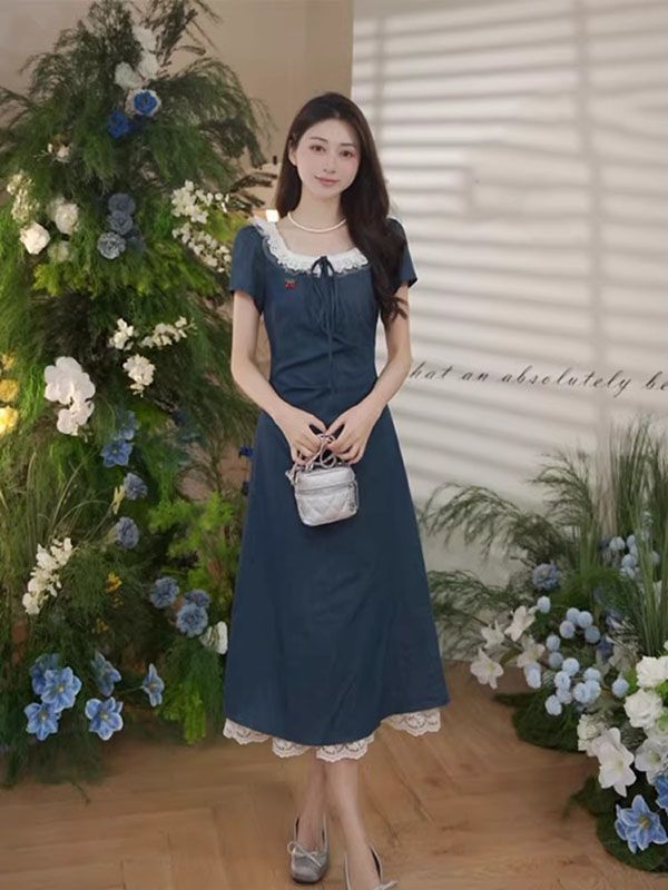 2025 夏の新スタイルフレンチブルースクエアカラードレス女性のウエスト痩身美しいスカート|undefined