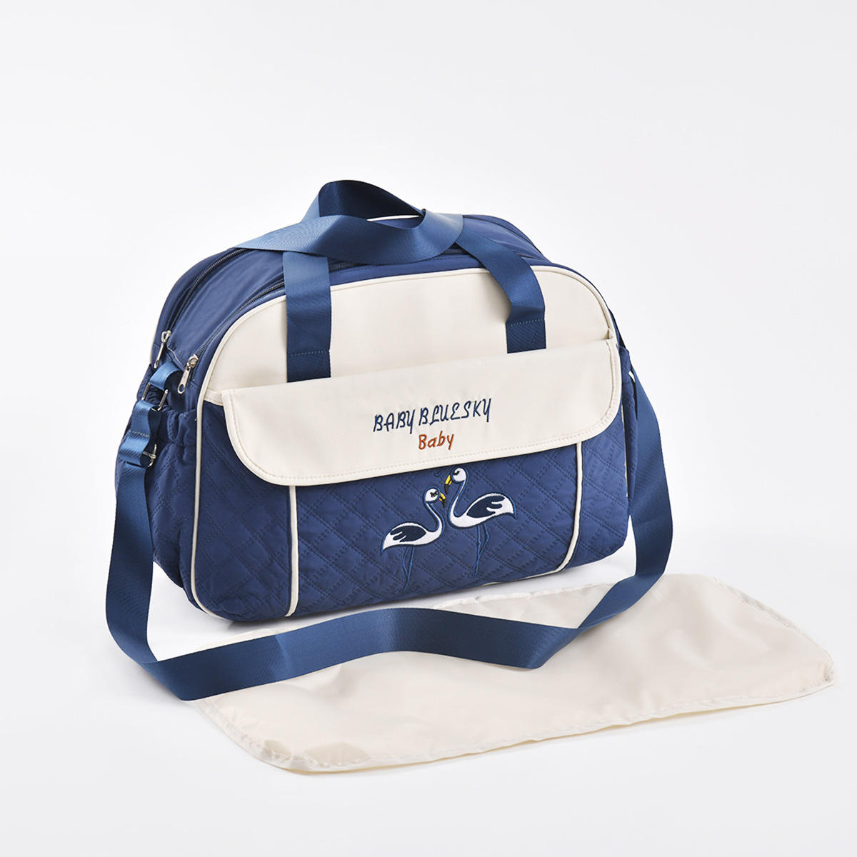 Stylish, high-quality, multi-functional single-shoulder mom bag with stitched, embroidered design&mdash;large-capacity crossbody tote featuring dual zippers and a convenient diaper compartment.