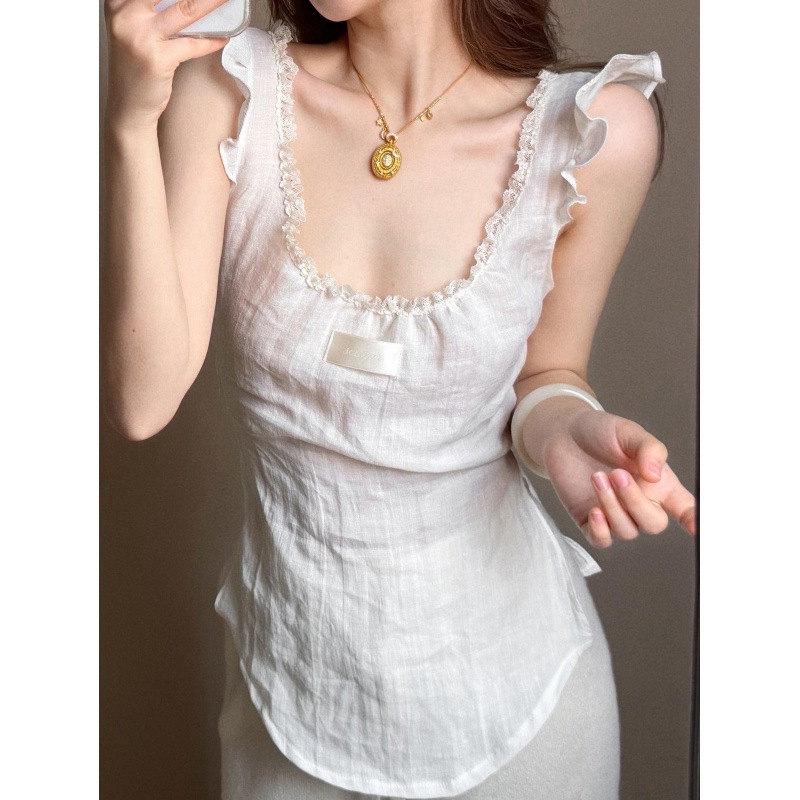 French-Style Minimalist Pure Desire Style Linen Lace Design Niche Loose Camisole Summer New Top for Women