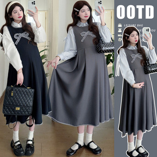 2025 Spring French Doll Collar Shirt Sweet Bow Vest Dress Pregnant Women College Style suit