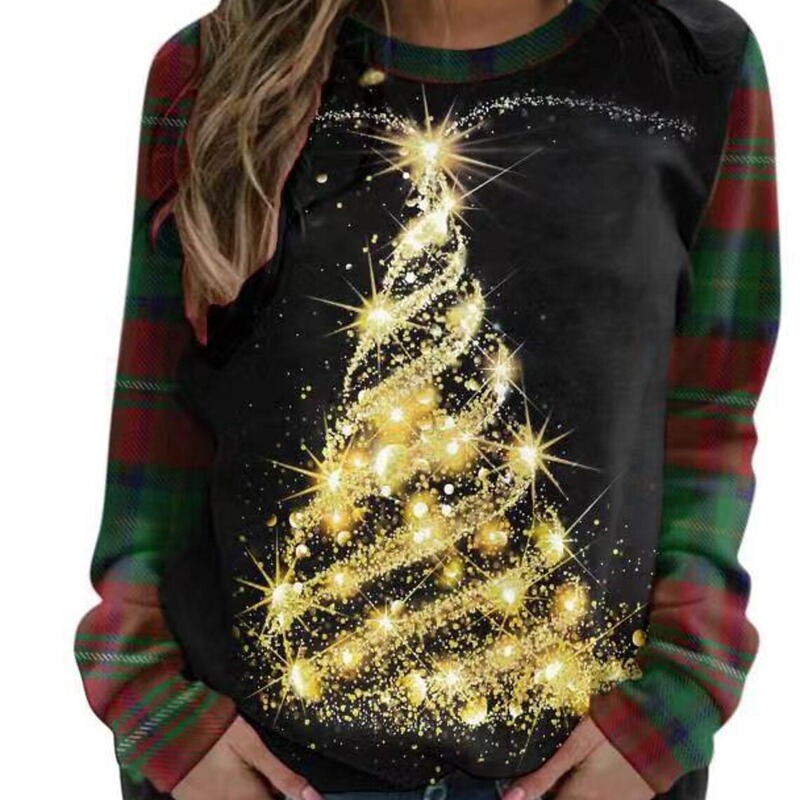 Amazon Women's Sports pullover daily street Christmas casual round neck long sleeve sweater loose micro elastic