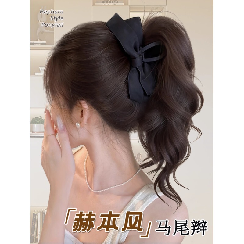 女性用韓国リボンウィッグ、人工毛、ふわふわ、高頭頂部、ロング巻き毛、ハイポニーテール|undefined