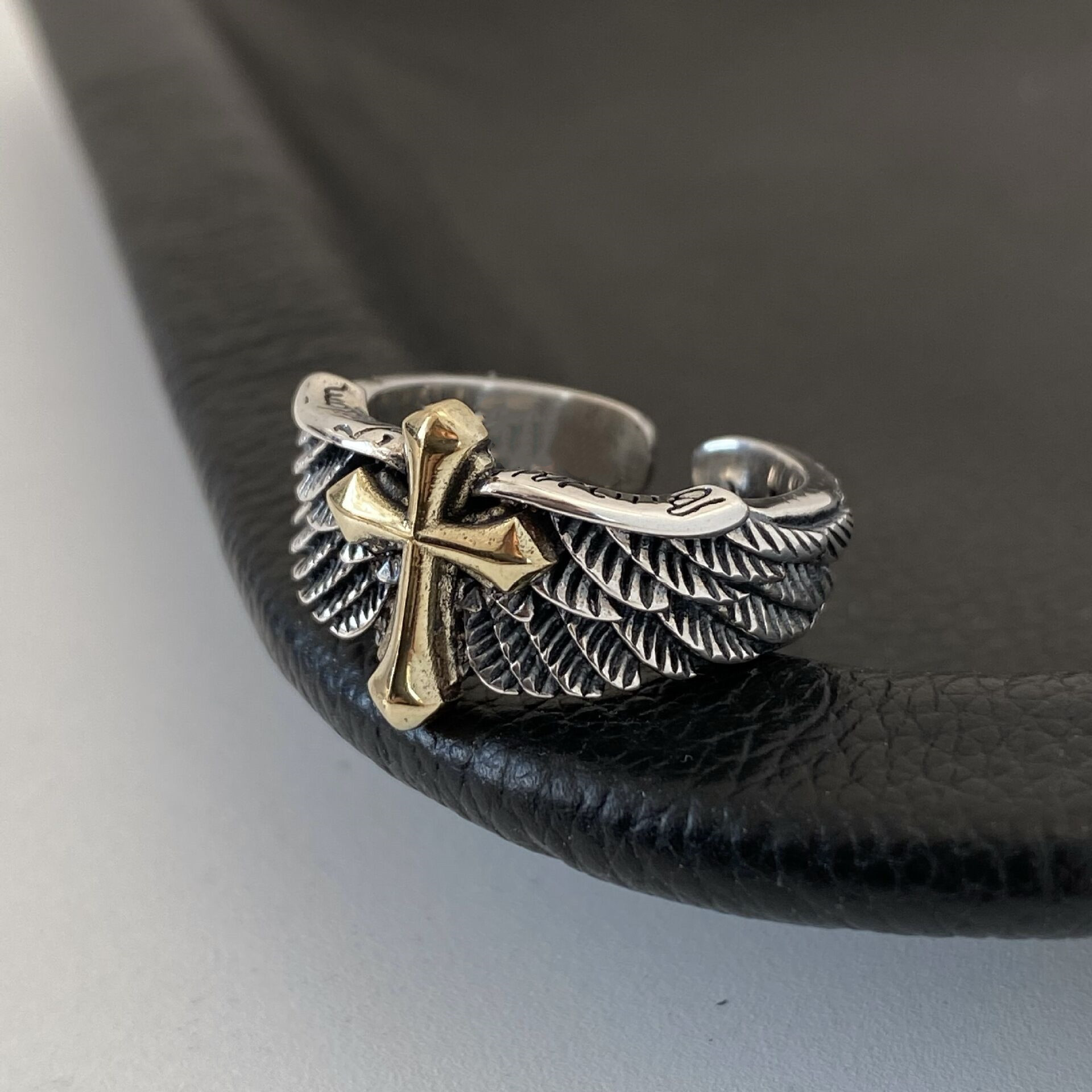 01905 European and American retro Thai silver feather cross ring for men and women, fashionable and personalized design, niche trendy ring