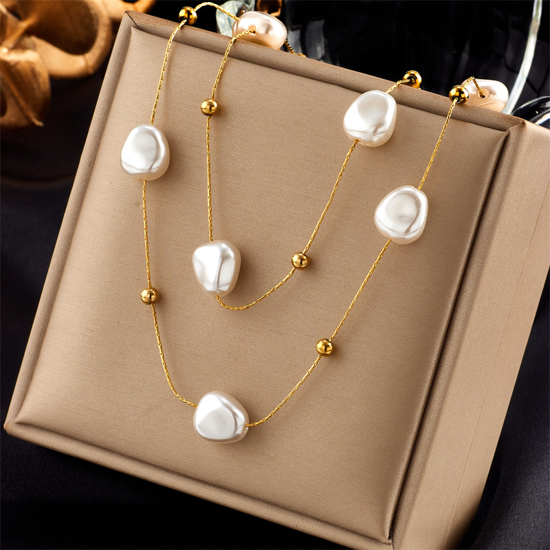 French Style Irregular Titanium Steel Pearl Plating Layered Necklaces display picture 3
