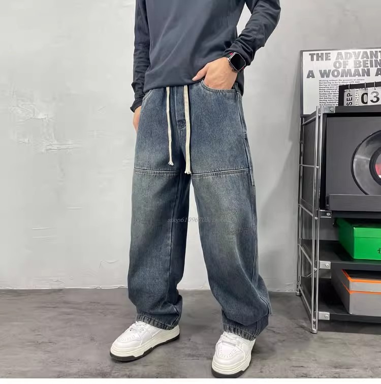 Men's High-Waisted Color-Block Jeans Blue & Black Loose Wide-Leg Straight Pants Hip Hop Style European American Trendy Brand_mkmklike.com
