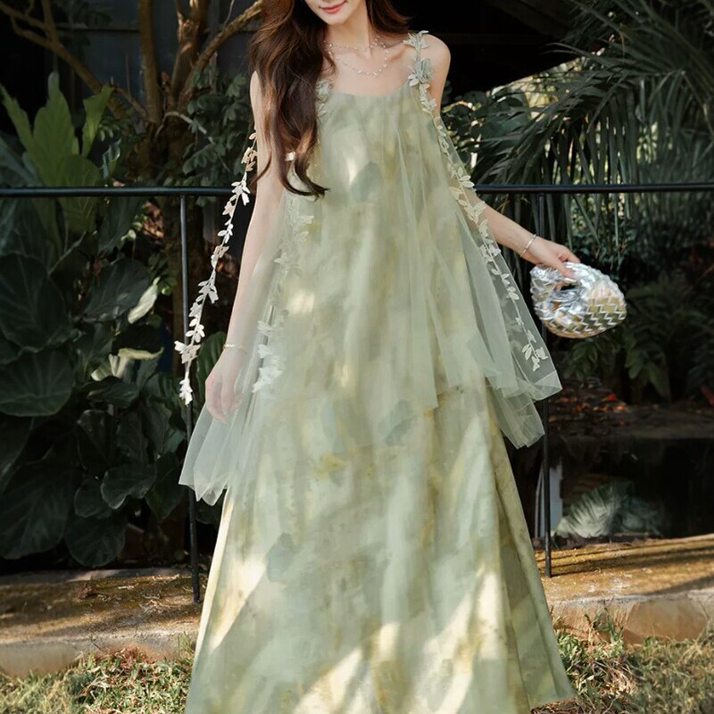 The Plums Are Ripe "Green Warbler" Custom-Dyed Lace Trim Ethereal Flowing Mesh Lyocell Tie-Dye Printed Slip Dress The Plums Are Ripe "Green Warbler" Custom-Dyed Lace Trim Ethereal Flowing Mesh Lyocell Tie-Dye Printed Slip Dress