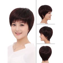 Wig for women short straight hair real human hair wig cap short hair full head wig for ladies middle-aged and elderly mother style natural fluffy