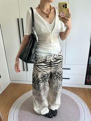 美式大码设计感豹纹渐变印花牛仔裤子女辣妹时尚宽松直筒拖地长裤