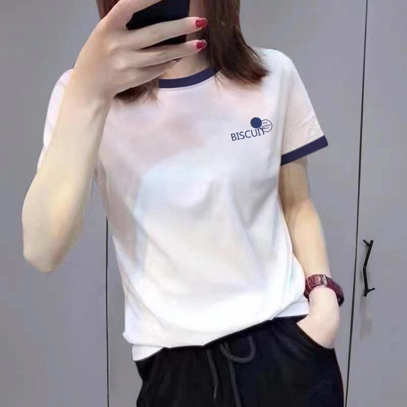 Color Matching Summer White Cotton Right Shoulder T-Shirt Women's Short-Sleeved Tops Female Students Korean Style Loose Half-Sleeved Tops Women's Clothing