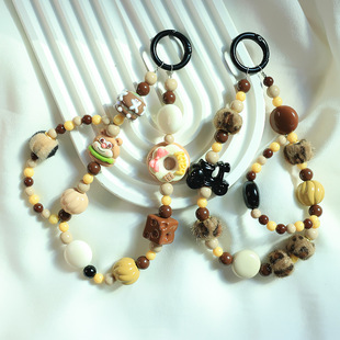 New Brown plush beaded mobile phone chain drop-resistant chain cartoon donut keychain bag ornaments student gift