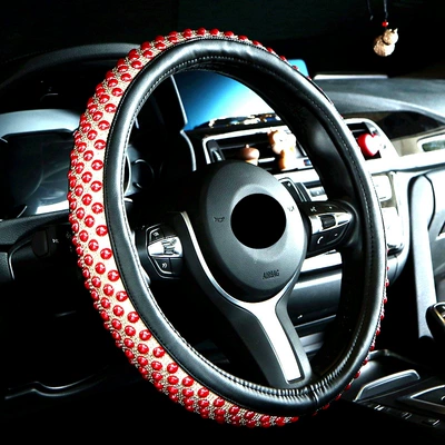 Steering wheel cover and diamond-studded car steering wheel - red-pearl-38cm