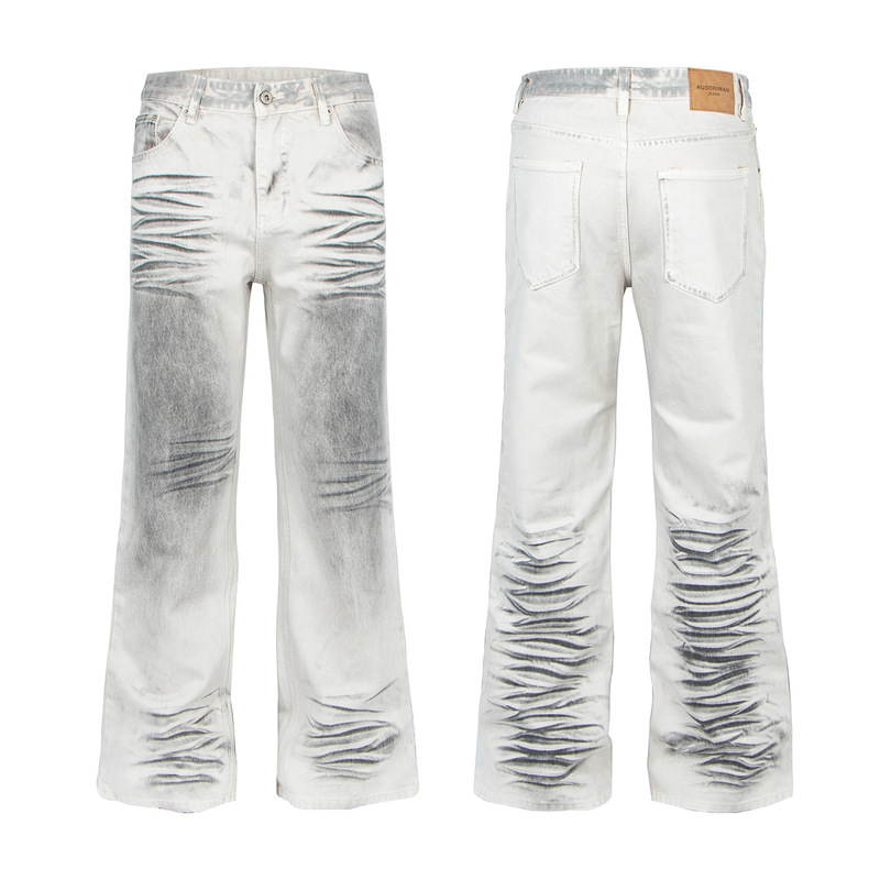 White Denim Washed Jeans with Whiskered Vintage Effect, Slightly Flared, Unisex Loose Straight-Leg Pants, Direct from the Manufacturer