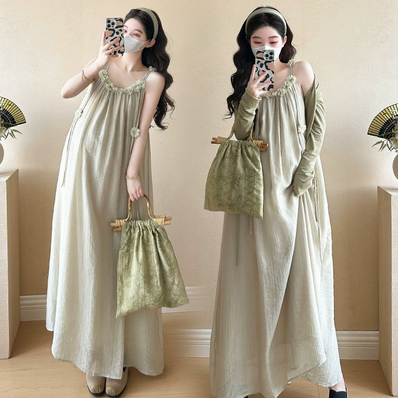 Летнее платье для беременных 2025, новый стиль, одежда для беременных, большой размер, комплект с юбкой на бретелях, модная и стильная юбка