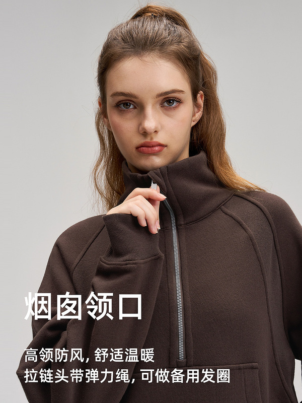 防风运动外套女加绒加厚半拉链宽松瑜伽健身服棉lulu烟囱高领卫衣|undefined