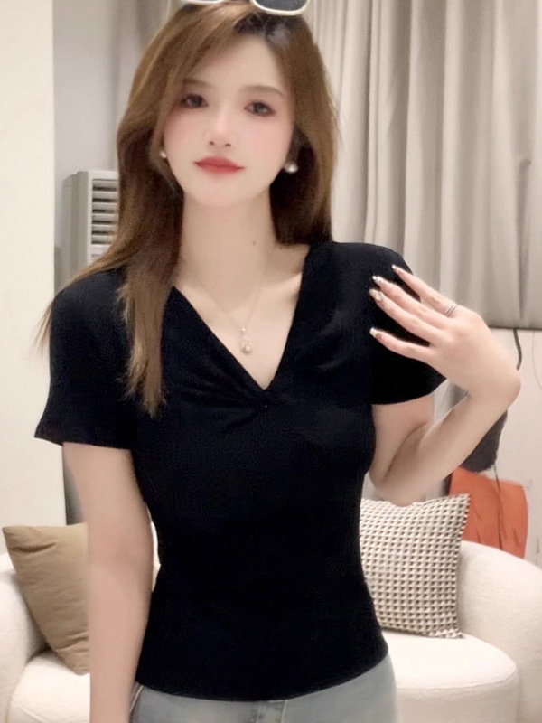 v领扭结设计感t恤女夏纯欲辣妹短袖打底衫修身显瘦上衣女|undefined