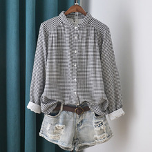 复古气质翻领长袖格子衬衫女 新款棉纱柔软大码打底衬衣秋