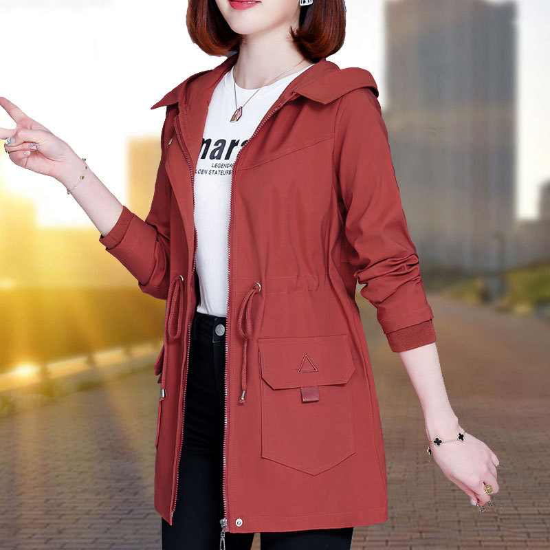 Cross-Border Wholesale Women's Spring and Autumn Mid-Length Hooded Trench Coat with Elastic Waist, Thin Style, Wholesale on Aliexpress