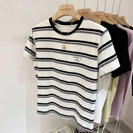 条纹爱心刺绣正肩短袖t恤女2025新款夏季宽松体恤上衣服外穿女潮