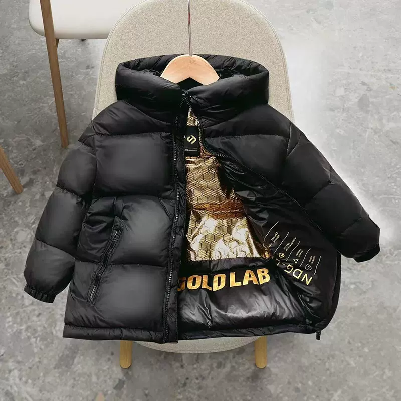 儿童防寒服冬季男童女童黑金短款加厚面包服绒丝外套小童冬装衣服