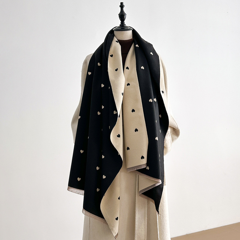 Autumn and Winter Heart Texture Fashionable Double-Sided Women's Imitation Cashmere Sweet Style Warm Scarf Air-Conditioned Neck Scarf Shawl